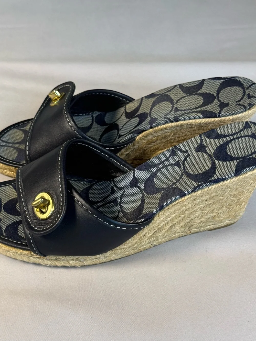 Coach Navy Logo Jacquard Espadrille Wedge Sandals